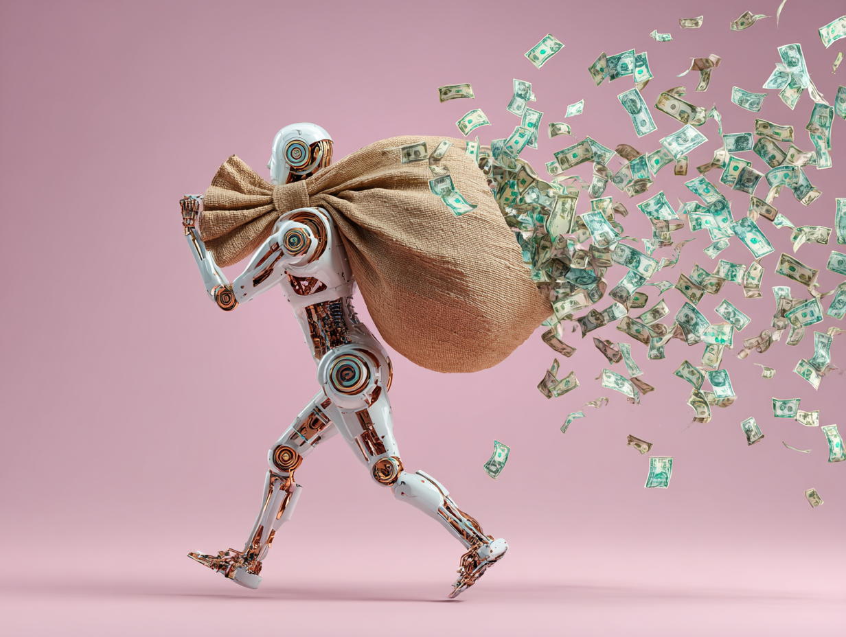AI robot carrying a bag of money draining cash