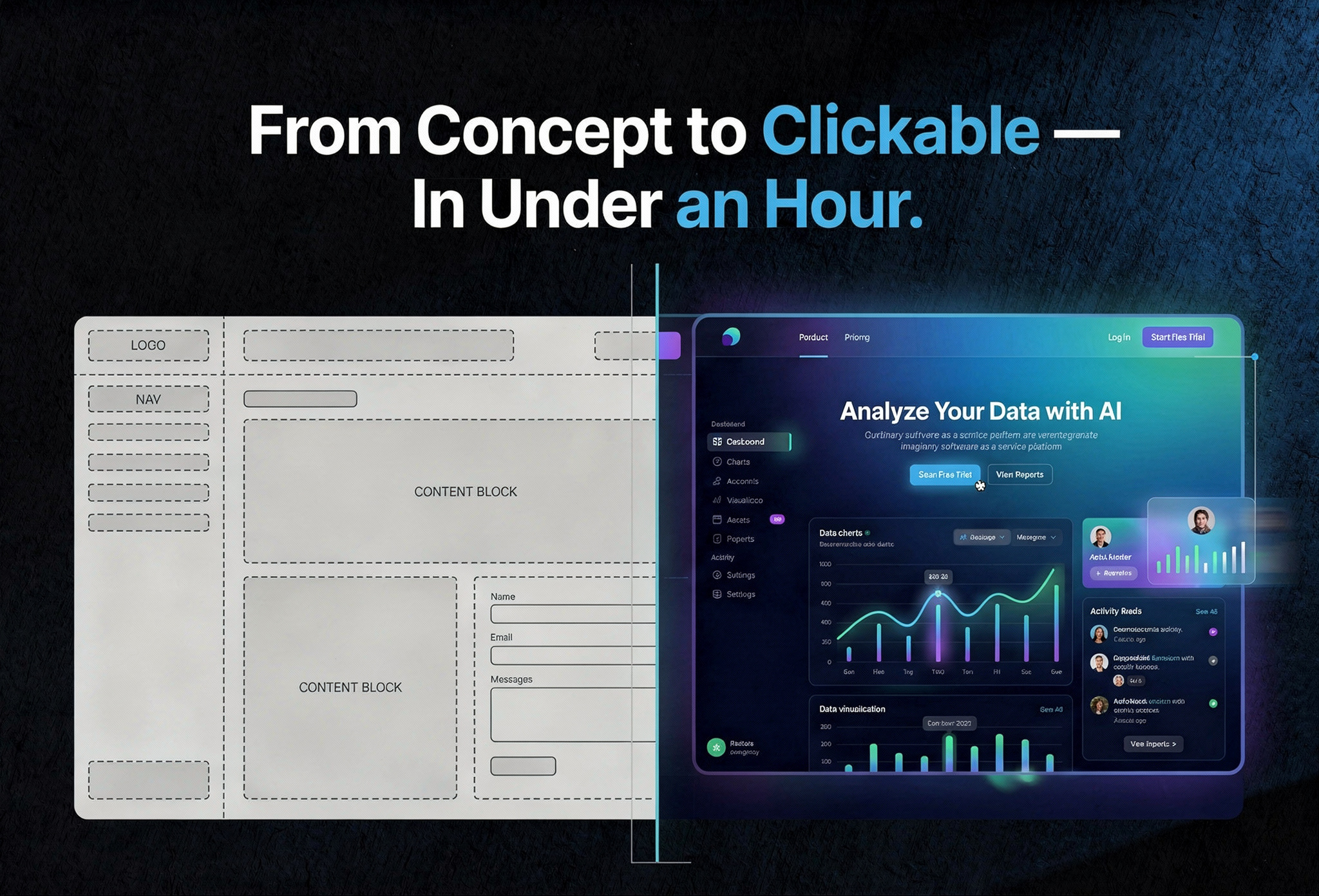 graphic transforming basic page into vibe-coded bar chart and data report